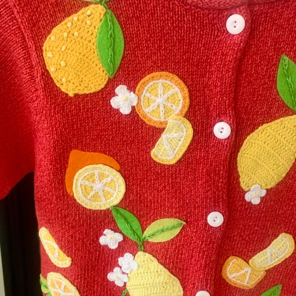 Susan Bristol Lemons & Oranges Short Sleeve Red Cardigan Sweater - Picture 3 of 6